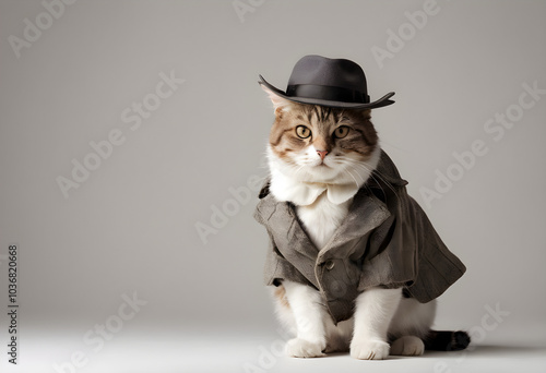 the cat with detective's coat and detective's hat like sherlock Holmes