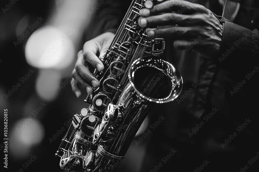Fototapeta premium Musician playing saxophone on stage with dramatic lighting