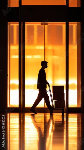 A lone courier silhouetted against the entrance of a large building, pushing a trolley with multiple boxes, the light from the building softly illuminating the outline of the scene