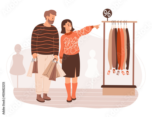 Happy couple shoppers in store on shopping sale. Bearded man with packages and cute woman choose clothes. Vector illustration. Holiday Black Friday buyer character. Consumerism, purchase concept