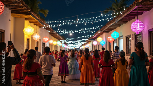 Vibrant Mexican Christmas Celebration: Colorful Street Festival with Traditional Costumes and Decorations