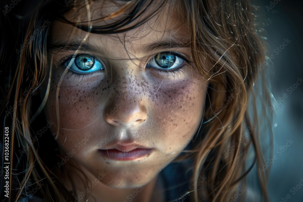 A young girl's face with visible freckles, suitable for illustrations or photography projects A young girl's face with visible freckles, suitable for illustrations or photography projects