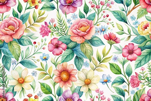 Fototapeta Naklejka Na Ścianę i Meble -  watercolor seamless pattern with flowers and leaves in forced perspective