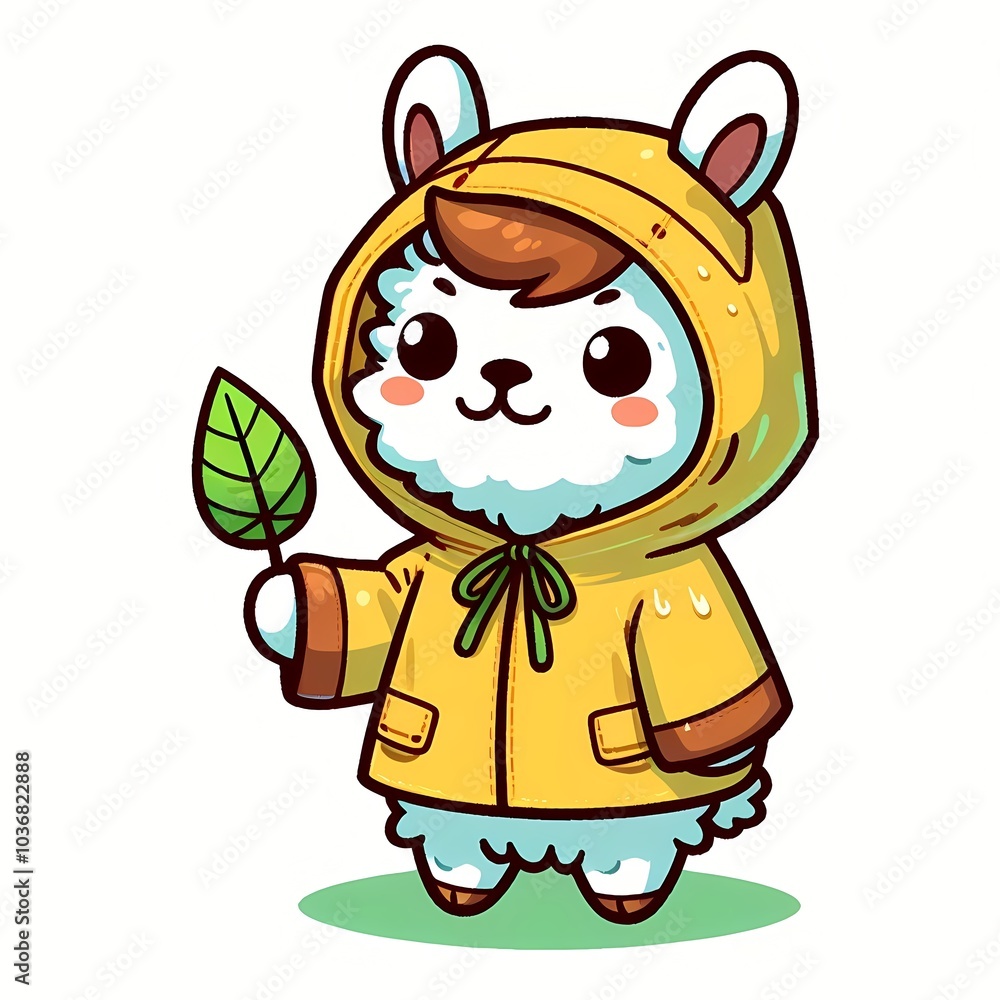 Obraz premium Cute Llama Wearing Raincoat And Holding Leaf Cartoon Vector Icon Illustration