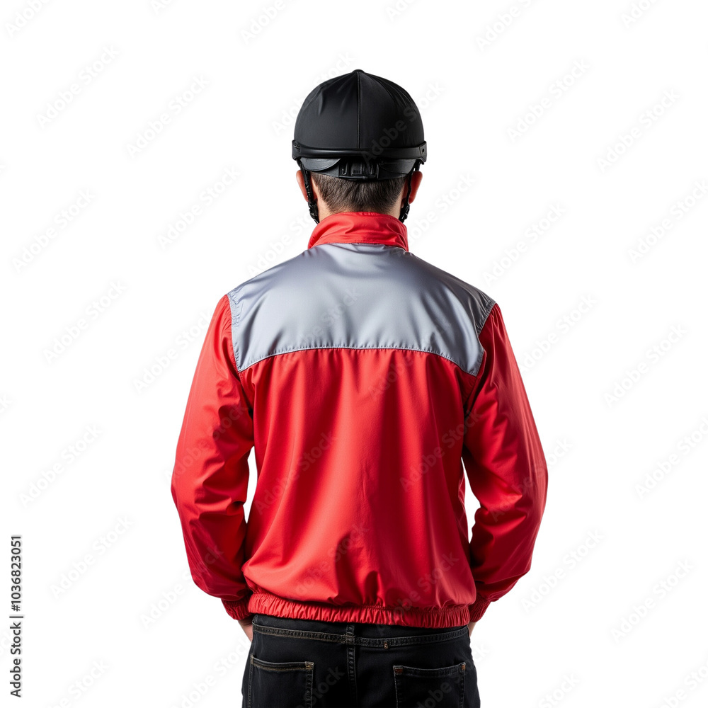 Obraz premium Person Wearing a Bright Red and Gray Jacket from the Back.
