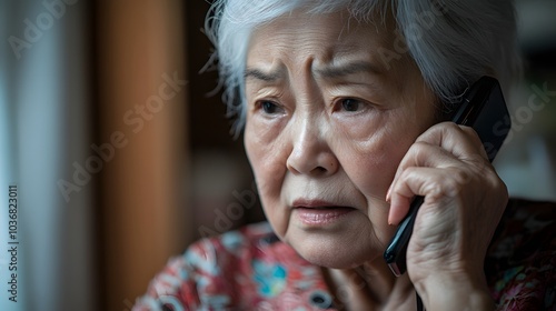 Elderly asian woman with white hairs talking with customer service on mobile phone to get resolve on computor problem or human error,Pensioner worry with wrong payment and struggling with technology.  photo