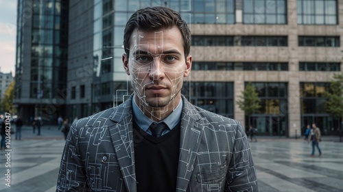 [No Icons] A Young Businessman with Digital Facial Recognition, Symbolizing the Fusion of Identity, Security, and Advanced Data Management.