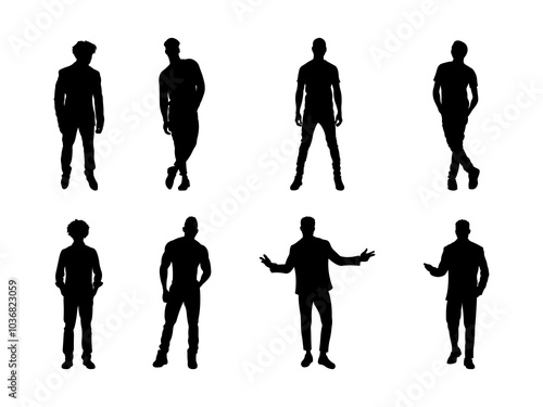 Set of African American Black Man Silhouette in various poses isolated on white background