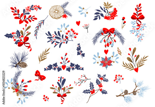 Set of hand-drawn Christmas floral elements