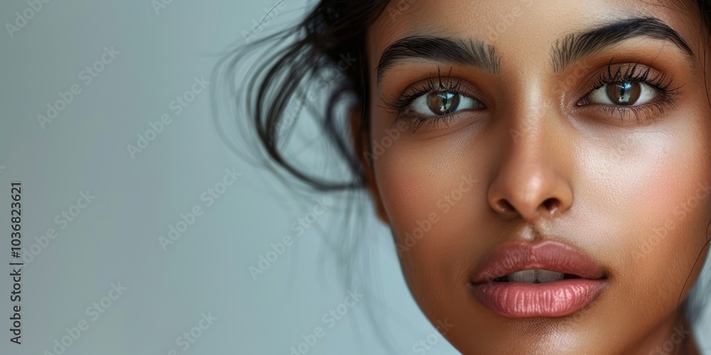 Portrait of a woman promoting wellness and healthy skin, featuring skincare, beauty treatments in a studio setting, and showcasing confidence with makeup and cosmetics Portrait of a woman promoting wellness and healthy skin, featuring skincare, beauty treatments in a studio setting, and showcasing confidence with makeup and cosmetics