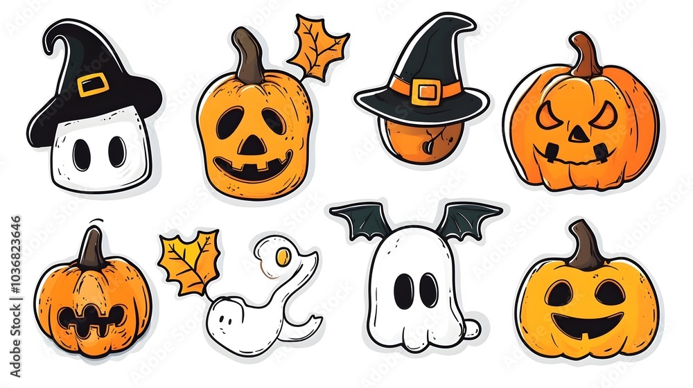 A playful collection of Halloween-themed illustrations featuring pumpkins, ghosts, and witches' hats, perfect for festive decorations or seasonal crafts. A playful collection of Halloween-themed illustrations featuring pumpkins, ghosts, and witches' hats, perfect for festive decorations or seasonal crafts.