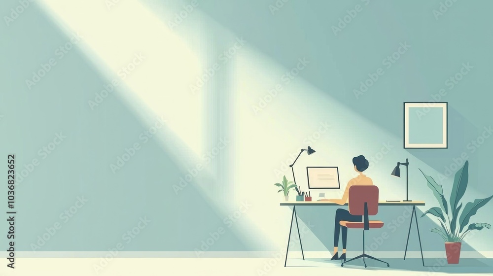 A woman is sitting at a desk with a computer monitor in front of her A woman is sitting at a desk with a computer monitor in front of her