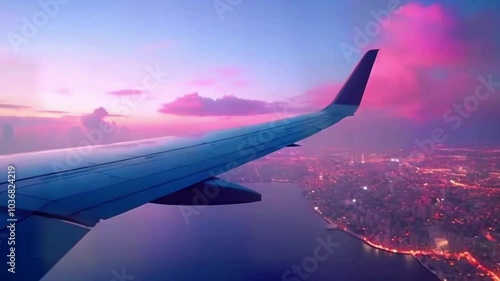 timelapse plane window view Plane wing flying over neon effect