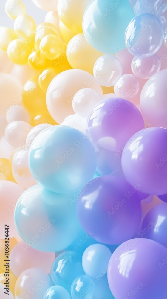 Aesthetic pastel background of soft floating spheres. Purple, yellow, blue colours. Copy space. Generative AI Aesthetic pastel background of soft floating spheres. Purple, yellow, blue colours. Copy space. Generative AI