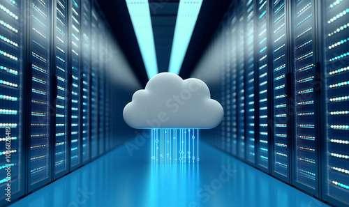 A 3D representation of a cloud computing concept featuring a cloud icon against an abstract technical background.
