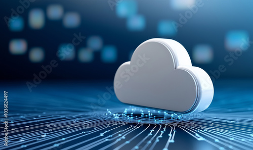 A 3D representation of a cloud computing concept featuring a cloud icon against an abstract technical background.