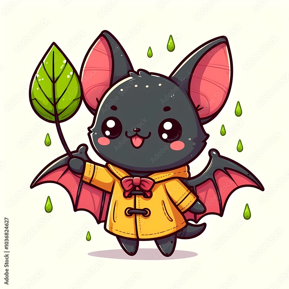 Cute Bat Wearing Raincoat And Holding Leaf Cartoon Vector Icon Illustration Cute Bat Wearing Raincoat And Holding Leaf Cartoon Vector Icon Illustration