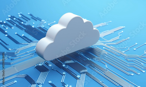 A 3D representation of a cloud computing concept featuring a cloud icon against an abstract technical background.