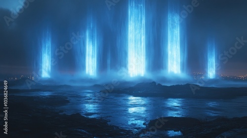 Ethereal blue waterfalls illuminating a dark landscape.