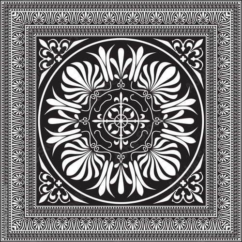 Vector black monochrome classic Greek square ornament. Rectangle of Ancient Greece and Roman Empire. Byzantine painting of walls, floors and ceilings. Decoration of European palaces