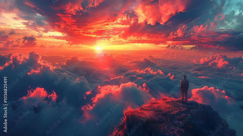 Man Standing on Clifftop with Sunset Clouds Man Standing on Clifftop with Sunset Clouds