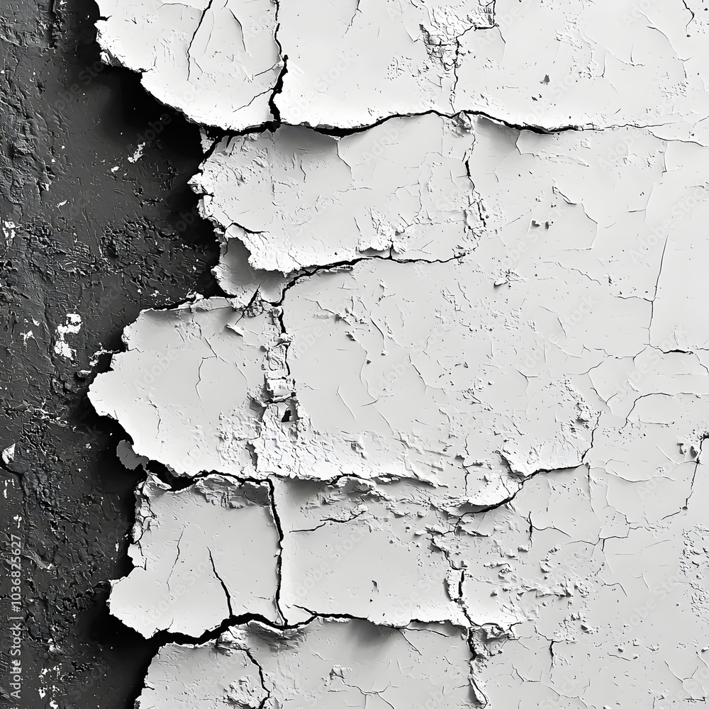 Obraz premium Close-up of peeling paint on a textured wall, revealing layers of cracked white and dark gray paint, showcasing a contrast between colors and a rustic, aged appearance.