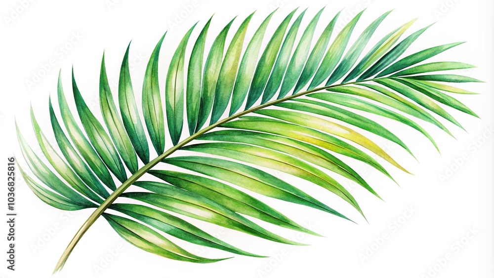 Watercolor painting of a reflected palm tree leaf on a white background Watercolor painting of a reflected palm tree leaf on a white background