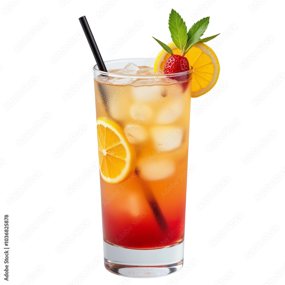 Refreshing Layered Cocktail Garnished with Fruits and Ice Cubes Refreshing Layered Cocktail Garnished with Fruits and Ice Cubes