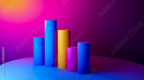 Colorful bar graph and cylinder on a gradient background, a business concept.