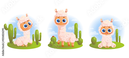 Cute Llama alpaca. Collection animals with cactus ang sky. Isolated Vector illustrations