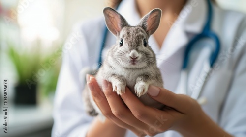 A veterinarian holding a gray rabbit in a caring manner, showcasing animal care.