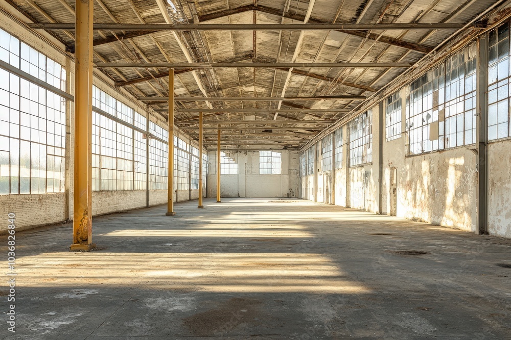 Abandoned Warehouse. Ruined Property with Abstracted Columns and Beams Abandoned Warehouse. Ruined Property with Abstracted Columns and Beams