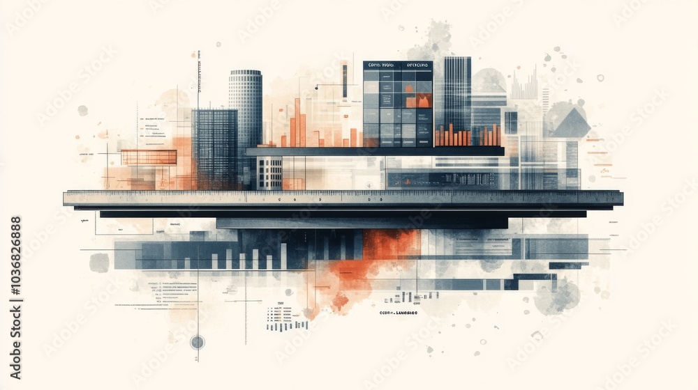 Fototapeta premium Professional stock illustration highlighting Operating Leverage Analysis concept in Indigo Salmon and Light Gray Incorporating CostVolumeProfit Chart with visual metaphors Suitable for various uses