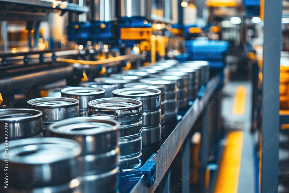 Obraz premium Beer Kegs Autoloader Loading in Brewery Factory. Alcoholic Beverage Production Process