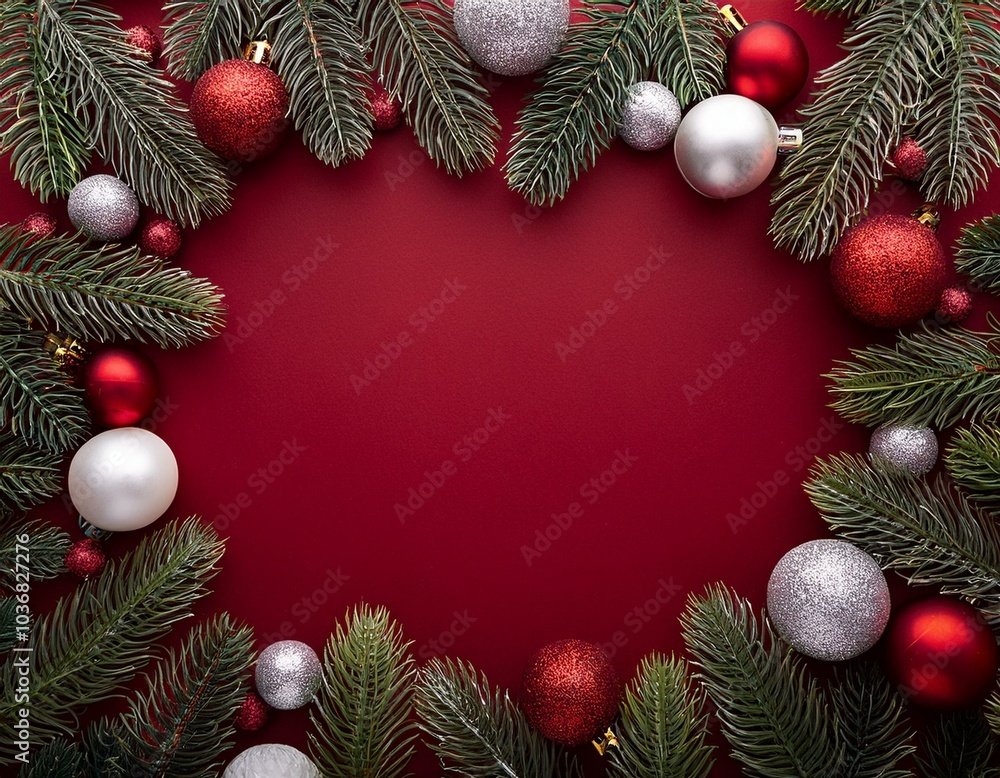 Red background with copy space and pine branches and Christmas glass balls Red background with copy space and pine branches and Christmas glass balls