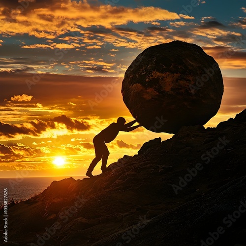 Silhouetted figure pushing giant boulder uphill against dramatic sunset sky