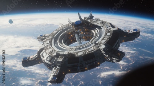 Fototapeta Naklejka Na Ścianę i Meble -  This futuristic space station, overlooking Earth, combines aesthetic design with functionality,