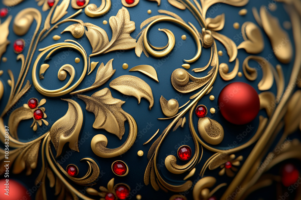 Beautiful Christmas ornaments with intricate blue and gold designs on dark background. Concept of holiday decoration Beautiful Christmas ornaments with intricate blue and gold designs on dark background. Concept of holiday decoration