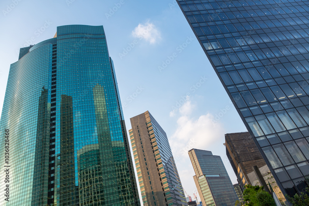 Tokyo urban cityscape, with high-rise glass office buildings. Blue sky background. Japan. Tokyo urban cityscape, with high-rise glass office buildings. Blue sky background. Japan.