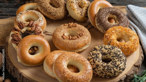 Assorted freshly baked healthy bagels displayed on a wooden board