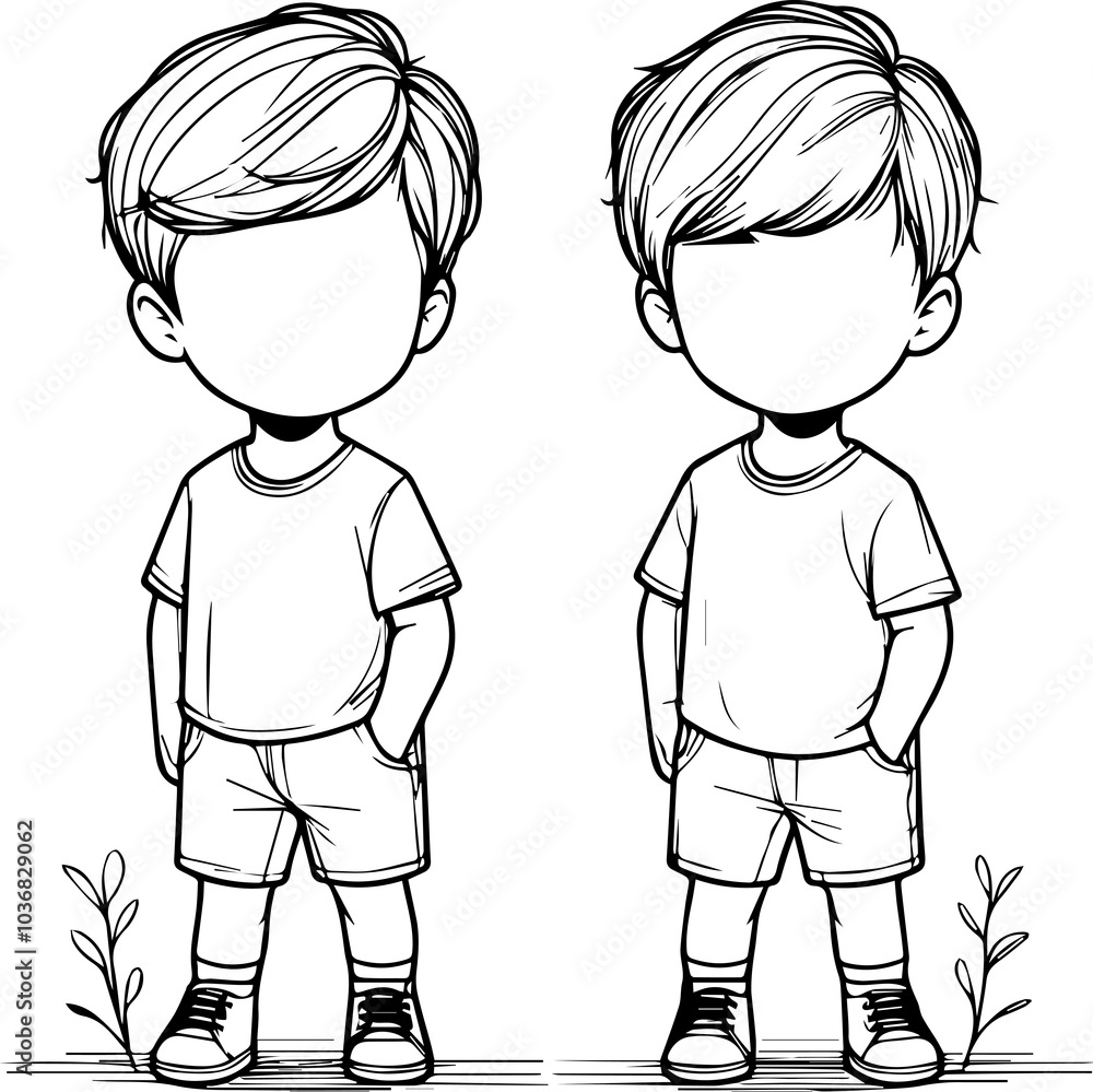 Black Line Art Cute Man Twin Fraternity Friendly Stand Hand Drawn Illustration Black Line Art Cute Man Twin Fraternity Friendly Stand Hand Drawn Illustration