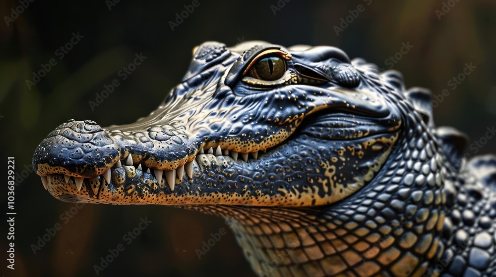 Fototapeta premium A large green crocodile with an open mouth displaying teeth.