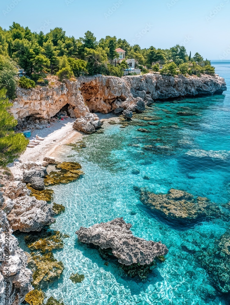 A stunning coastal view featuring a rocky shoreline and crystal-clear turquoise waters on a sunny day. A stunning coastal view featuring a rocky shoreline and crystal-clear turquoise waters on a sunny day.