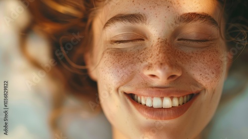 Young woman enjoying natural beauty and skincare in a studio, radiating happiness with glowing skin from self-care and facial treatments