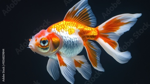 A vibrant goldfish swimming gracefully in dark water, showcasing its colorful fins and scales.