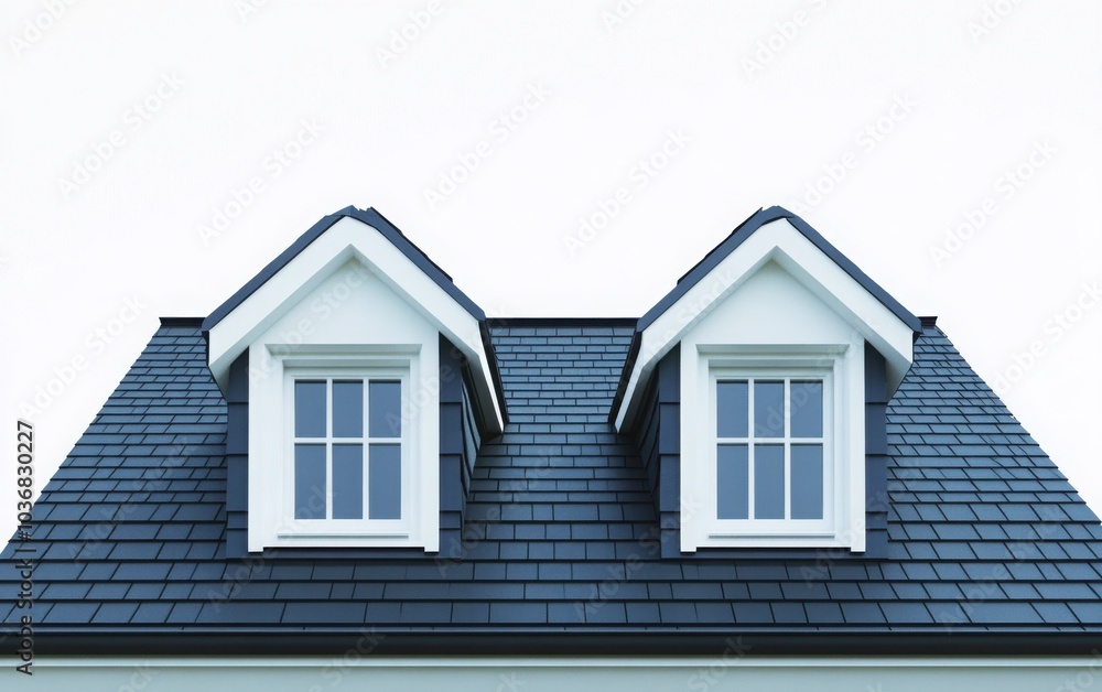 A minimalist depiction of a dark blue sloped roof with two white dormer windows, set against a stark white backdrop to highlight the contrast and details A minimalist depiction of a dark blue sloped roof with two white dormer windows, set against a stark white backdrop to highlight the contrast and details