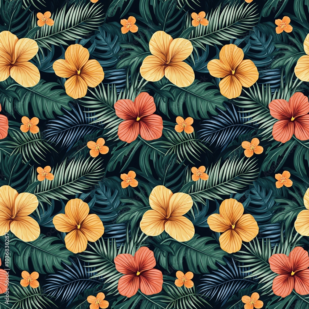 Exotic tropical leaves intertwined with bright blossoms Exotic tropical leaves intertwined with bright blossoms