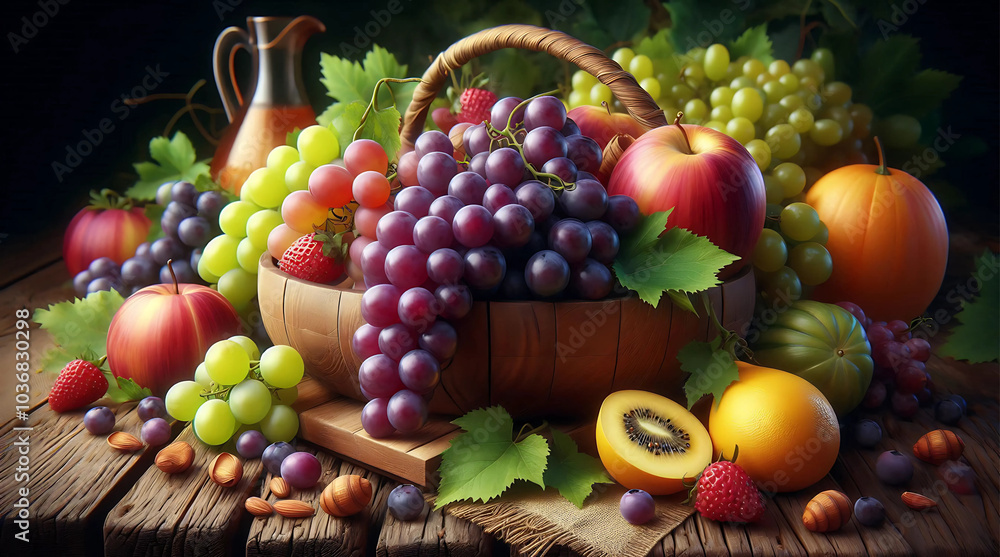 Rustic Harvest Fruit Basket with Grapes, Apples, and Assorted Fresh Produce on Wooden Table Rustic Harvest Fruit Basket with Grapes, Apples, and Assorted Fresh Produce on Wooden Table