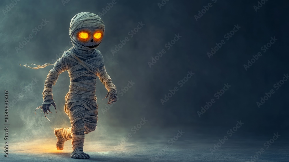 Mysterious child mummy with glowing eyes running through a foggy atmosphere. Mysterious child mummy with glowing eyes running through a foggy atmosphere.