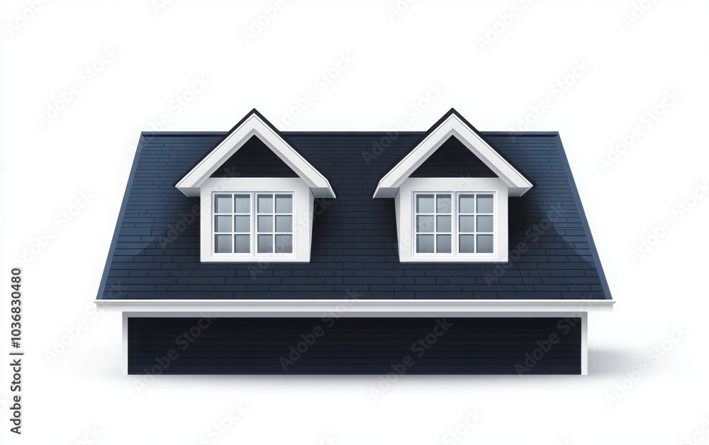 An illustration of a dark blue roof featuring two white dormer windows, showcasing a gently sloped flat roof against a clean white background An illustration of a dark blue roof featuring two white dormer windows, showcasing a gently sloped flat roof against a clean white background